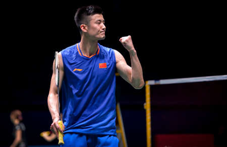 KUALA LUMPUR, MALAYSIA - APRIL 02, 2019 : Chen Long of China in action of the Badminton Malaysia Open at Axiata Arenaのeditorial素材