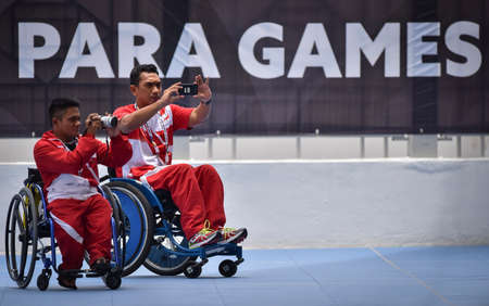 Kuala Lumpur, Malaysia - April 30, 2017 : Disabled swimming athlete during 9th Para ASEAN Games 2017 at Bukit Jalil Aquatic Centre.のeditorial素材