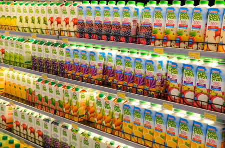 KUALA LUMPUR, MALAYSIA - SEPTEMBER 15, 2019 : Variety of Peel Fresh fruit juice on the shelf at supermarket.のeditorial素材