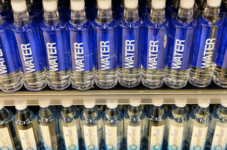 KUALA LUMPUR, MALAYSIA - SEPTEMBER 15, 2019 : Variety of Mineral Water on the shelf at supermarket.のeditorial素材