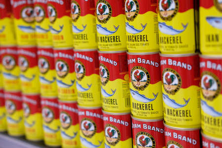 KUALA LUMPUR, MALAYSIA - SEPTEMBER 15, 2019 : Ayam Brand Mackerel Tomato Sauce on the shelf at supermarket.のeditorial素材