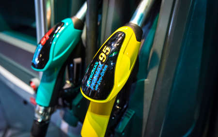 KUALA LUMPUR, MALAYSIA - NOVEMBER 28, 2018 : Closeup new yellow nozzle for Petronas Primax 95 &...
