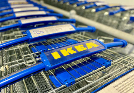 Kuala Lumpur, Malaysia - May 08, 2020 : Close up IKEA logo at the IKEA trolley in the IKEA Store.のeditorial素材