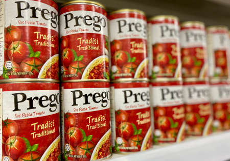 KUALA LUMPUR, MALAYSIA - APRIL 15, 2020 : Spaghetti mushroom sauce brand Preego display on the shelf...