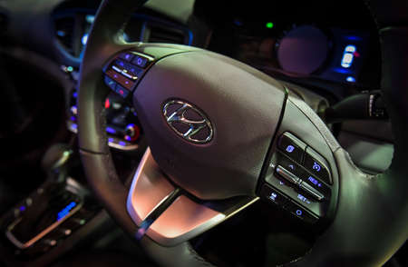 KUALA LUMPUR, MALAYSIA - DEC 3, 2019 : Close up steering and interior of Hyundai Kona displayed at...