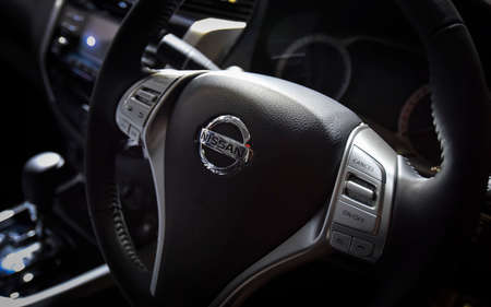KUALA LUMPUR, MALAYSIA - DEC 3, 2019 : Close up steering and interior Nissan X-Trail displayed at...