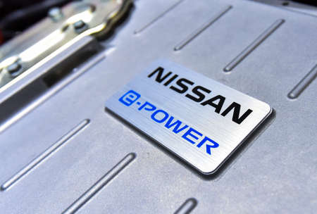 KUALA LUMPUR, MALAYSIA - DEC 3, 2019 : Close up Nissan e-power car displayed at Kuala Lumpur International Motor Showのeditorial素材