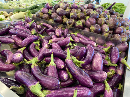 KUALA LUMPUR, MALAYSIA - APRIL 15, 2020 : Fresh brinjal display on the shelf at supermarket.のeditorial素材