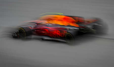 KUALA LUMPUR, MALAYSIA - OCTOBER 1, 2017 : Max Verstappen of the Netherlands driving the Red Bull Racing Red Bull with slow motion technic during Malaysia Formula One Grand Prix at Sepang Circuitのeditorial素材