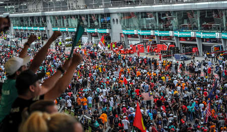 KUALA LUMPUR, MALAYSIA - OCTOBER 01, 2017 : Formula one (F1) fans celebrate on track for last race during Malaysia Grand Prix at Sepang International Circuit.のeditorial素材