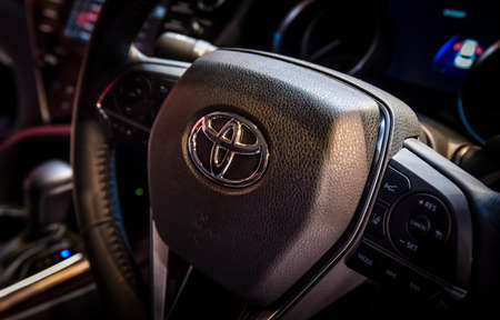 KUALA LUMPUR, MALAYSIA - DEC 3, 2019 : Close up of steering new Toyota Camry displayed at Kuala Lumpur International Motor Showのeditorial素材