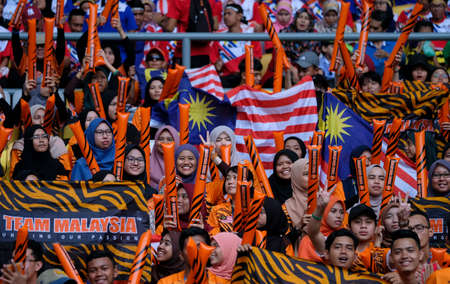 Kuala Lumpur, Malaysia - August 30, 2019 : Malaysian fans or supporter at National Stadium Bukit Jalil.のeditorial素材