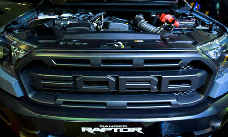 KUALA LUMPUR, MALAYSIA - DEC 3, 2019 : Close up front grill and engine new Ford Raptor displayed at Kuala Lumpur International Motor Showのeditorial素材