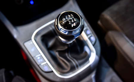 KUALA LUMPUR, MALAYSIA - DEC 3, 2019 : Close up of gear knob Hyundai i30 N displayed at Kuala Lumpur International Motor Showのeditorial素材