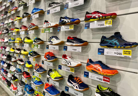 Kuala Lumpur, Malaysia - May 18, 2020 : Row of Badminton and court shoes on display in local sports...