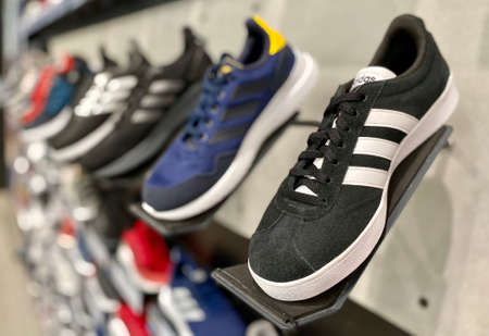 Kuala Lumpur, Malaysia - May 18, 2020 : Close up of Adidas sport shoe on display in local sports outletのeditorial素材