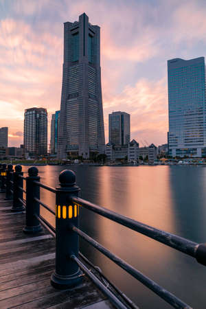Minato Mirai, Yokohama - September 30, 2019 : View of the Landmark Tower during sunset. Portrait orientation.のeditorial素材
