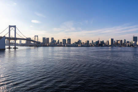 View of the Tokyo Bay during the day from the Rainbow Bridge in Odaiba. Busy waterway with ships....