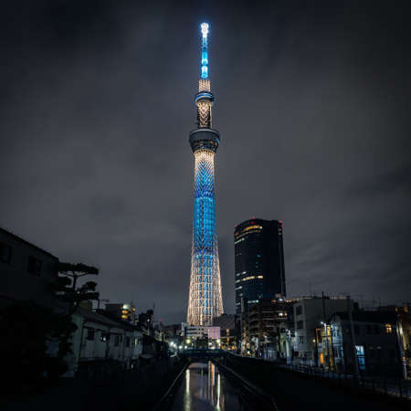 Tokyo Skytree Tower illumination at night with reflection in the river.のeditorial素材