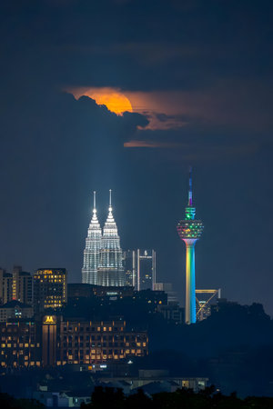 Panoramic view of Kuala Lumpur cityscape with illuminated skyscrapers at dusk