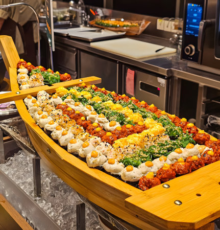 A wooden boat filled with assorted sushi on display in a professional kitchen environment.
