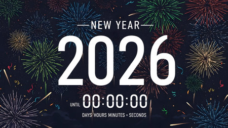 New Year 2026 countdown with fireworks and timer display