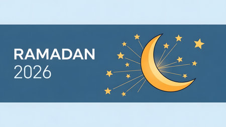 Islamic Ramadan 2026 banner with crescent moon and stars on blue background
