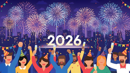 Vibrant illustration of people celebrating New Year 2026 with fireworks