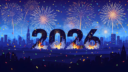 Vibrant fireworks display over cityscape for New Year 2026
