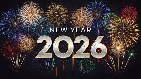 Vibrant fireworks explode around New Year 2026 text at night