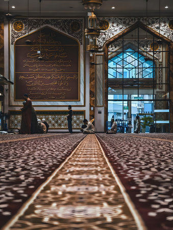 Peaceful interior of a mosque with intricate patterns and designs on the walls and carpet