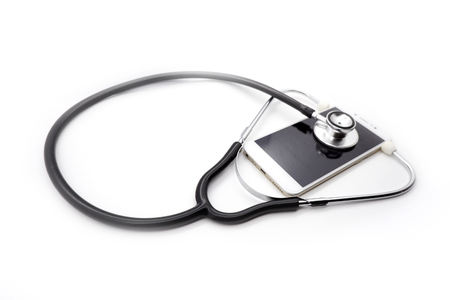 Checking security and diagnosing the problem via mobile phone on smartphone conceptの写真素材