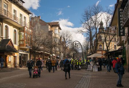 Zakopane, Poland - February 1, 2018: Famous Krupowki street, pedestrians promenade, central street of Zakopane Polandのeditorial素材