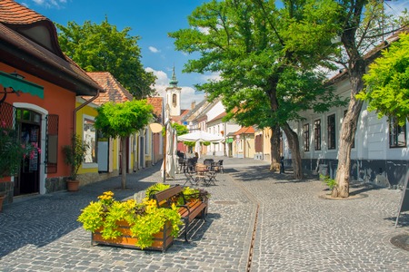 Scenic view of old town of Szentendre, Hungary at sunny summer day. Szentendre is a town of arts and popular destination for tourists staying in Budapestの写真素材