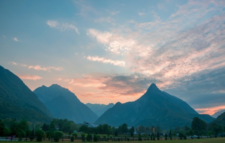 Panoramic view of idyllic mountain valley, Bovec, Julian Alps, Slovenia at sunriseの写真素材