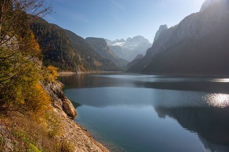 Autumn scenery of Gosausee lake in Upper Austriaの写真素材