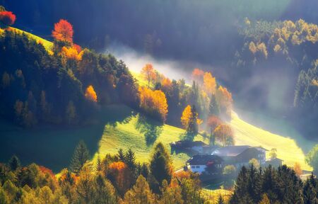 Colorful autumn landscape in the mountains with backlighted pasture, yellow and red trees, fog and farm buildings, Alpsの写真素材