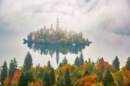 Amazing view of Lake Bled at foggy autumn morning with colorful forest on foreground and Bled island with pilgrimage church of the Assumption of Mary on backgroung, Sloveniaの写真素材