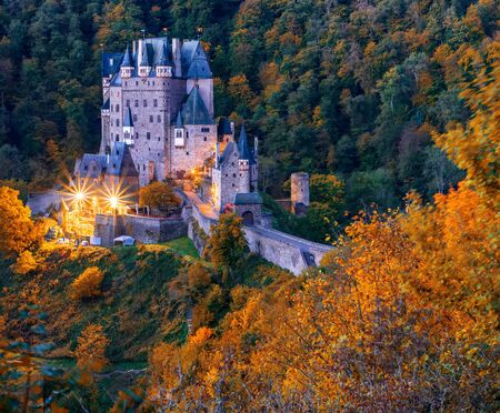Picturesque autumn scenery of Burg Eltz castle at twilight. Burg Eltz is a popular travel destination in Rhineland-Palatinate, Germanyの写真素材