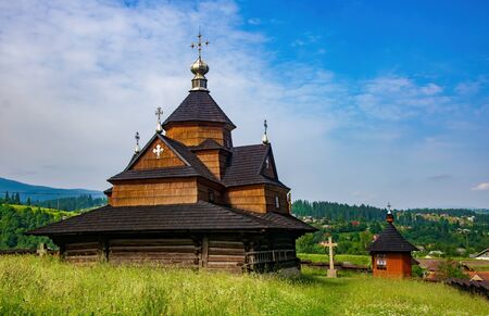 Medieval Greek Catholic wooden Church of the Nativity of the Blessed Virgin Mary, Vorokhta, Ivano-Frankivsk region, Ukraine.の写真素材