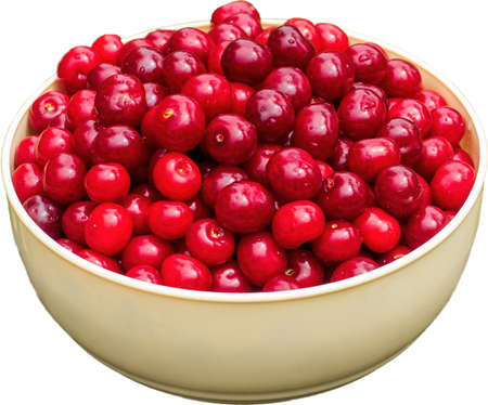Fresh cherries in beige bowl isolated on white background.の写真素材