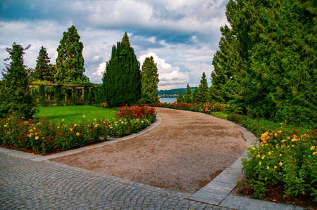 Picturesque alley along blooming roses in Italian Rose Garden on Flower Island Mainau on the Lake Constance, Baden-Wurttemberg, Germanyの写真素材