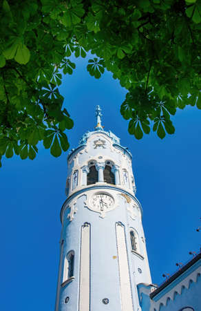 Bell tower of Romantic Blue Church in Bratislava, Slovakia. Hungarian Secessionist Catholic church of St. Elizabeth is a one of symbols of Slovakia capital and popular tourist attractionの写真素材