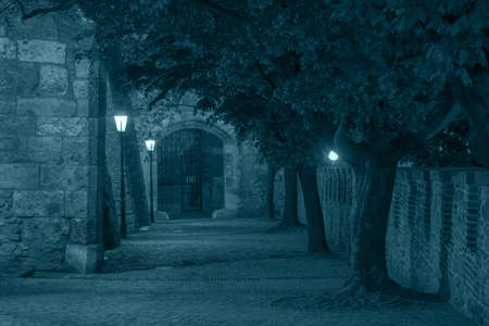 Mystical view of Bratislava castle gate at night, Slovakia.の写真素材