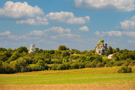 Panoramic view of Bila Krynytsia village, Chernivtsi region, Ukraine with orthodox Old-Rite churches - Assumption of the Virgin Mary Cathedral and wooden Kozmodemian churchの写真素材