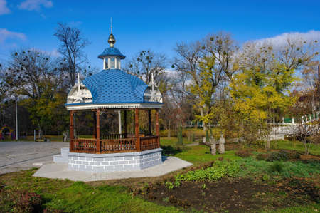 Scenic view of carved wooden romantic gazebo in public park of Okhtyrka, Sumy region, Ukraineの写真素材