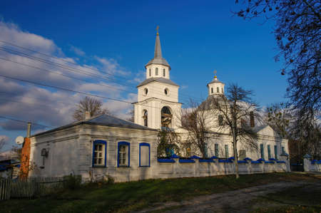 Scenic view of histirical white Annunciation Church in Trostyanets,, Sumy region, Ukraine illuminated with sunlightの写真素材