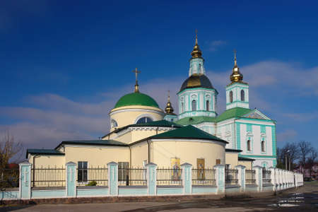 Scenic view of Nativity Church and Pokrovsky Cathedral in Okhtyrka, Sumy region, Ukraine.の写真素材