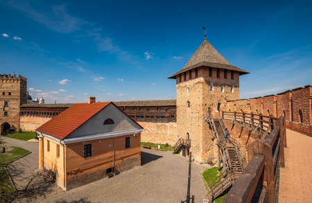 Scenic view of Lutsk (Lubart's) Castle with walls, wooden stairs, Bishop's Tower and Bishop's Palace, Lutsk, Ukraine. Lubart's Castle is a popular tourist attraction in Ukraineのeditorial素材