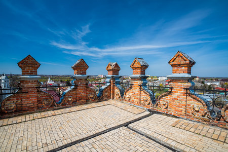 Renaissance merlons on the top of Entrance (Lubart's) Tower of Lutsk Castle under picturesque sky, Lutsk, Ukraine. Lutsk Castle is a popular tourist attraction in Ukraineのeditorial素材